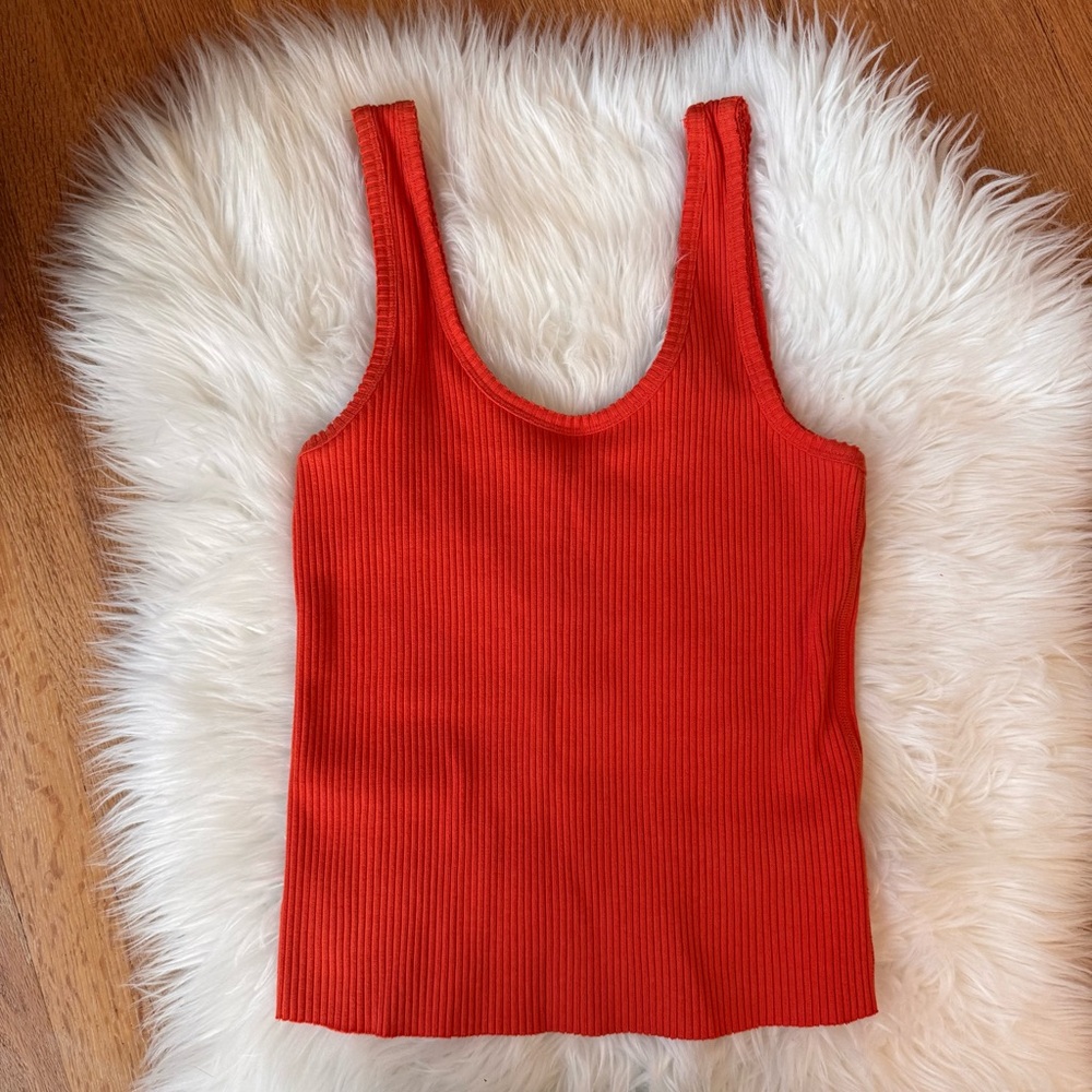 Vince Ribbed Scoop Neck Tank Top Raw Edge Cotton Blend Orange Ruby Dusk NWT Sz S